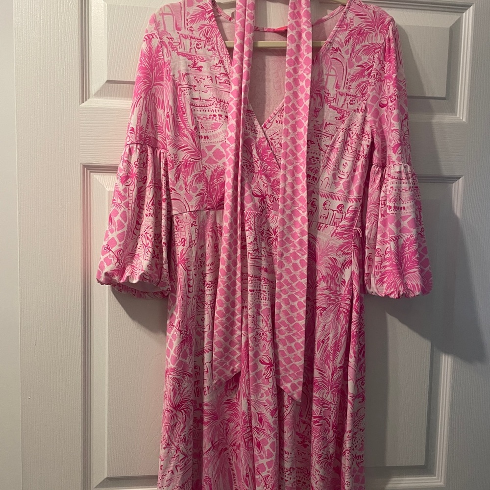 Lily Pulitzer medium pink and white 3/4 puff sleeve dress